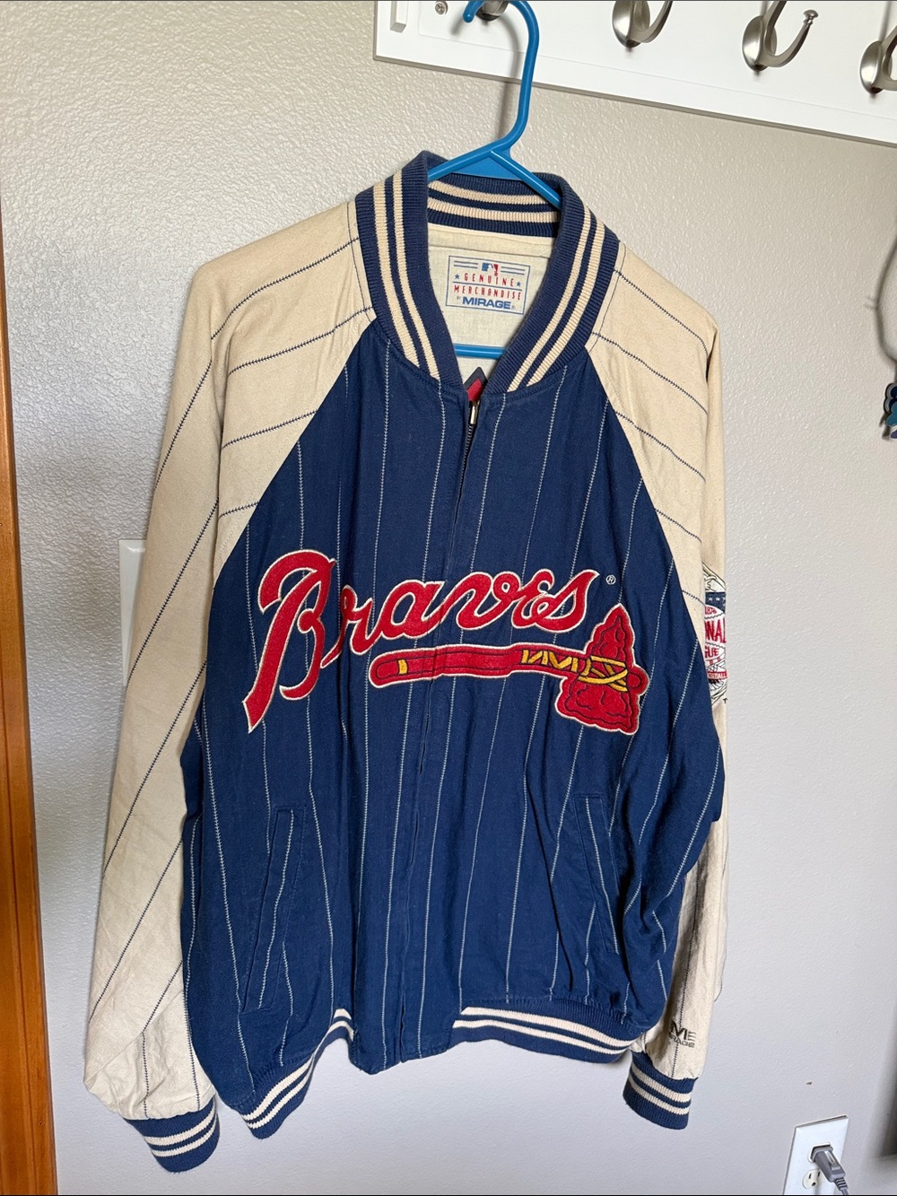 Genuine Merchandise Navy and Cream Atlanta Braves Pinstripe Bomber Jacket